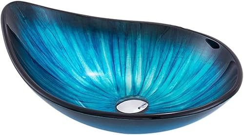 CATANK Badezimmer Modernes Badezimmer-Waschbecken, ovales künstlerisches Glas-Waschbecken, Waschtisch, Schüssel, Blaue Linie, Streifen, Waschbecken, ohne Wasserhahn (Farbe: Blau, Größe: 5