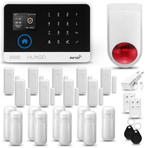 HUXGO® HXA003 Alarme Maison avec Sirène sans Fil, WiFi + GSM | Kit d'alarme Maison Domestique avec 9X détecteurs de Mouvement, 9X capteurs de Portes et fenêtres | TUYA App Intelligent