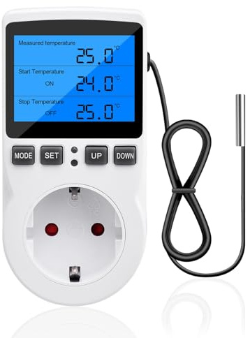 Steckdose für Temperaturregelung 230V Temperaturregler Steckdose mit Fühler Digital Thermostat Steckdose Temperaturschalter mit Timer für Gewächshaus Aquarium Kühlschrank Heizung Kühlen
