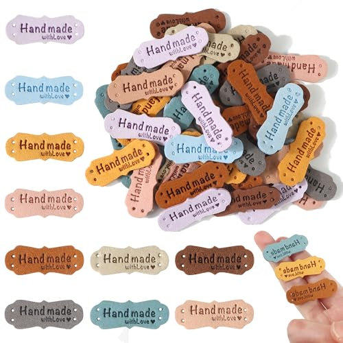 PU Leder Label Handmade 50 Stück Tag Label Handmade Tags Button Handgefertigte Lederetiketten für DIY Jeans Taschen Hut Handwerk Stricken Häkeln
