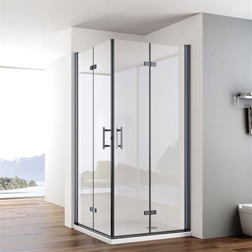 IMPTS Duschkabine Schwarz Eckeinstieg 90x90cm Falttür Doppel Drehfalttür Rahmenlos Faltdusche 180º Duschabtrennung Faltbar 6mm NANO ESG Sicherheitsglas Höhe 195cm, OHNE Duschwanne