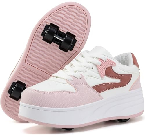 ANEFUN Rullskridskor för barn, pojkar, flickor, sneakers med avtagbara hjul, sportsko, vit/rosa, 29.5 EU
