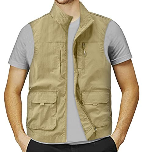 Wanderweste für Herren, Angelweste, Outdoor, Angeln, Camping, Raveling, Fotografie, Wandern, Weste, leichte Jacke mit mehreren Taschen, schnell trocknend, Safari-Weste, funktionelle Weste, khaki, XXL