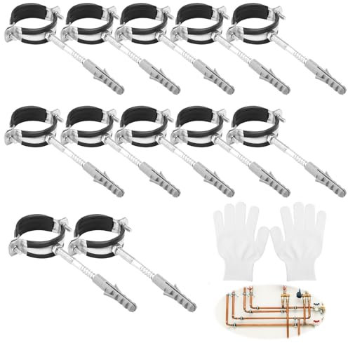 ZMDMAH 12 Stück Rohrschelle 50mm Set: 12 Schraubrohrschelle+12 DüBel+12 Stockschrauben Rohrhalterung Rohrschellen Rohrbefestigung Gummieinlage mit Arbeitshandschuhefür Wasserleitungen, LüFtungsrohre