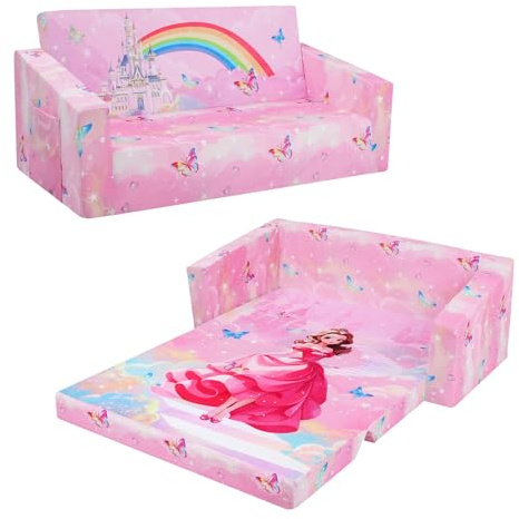 decalsweet Faltbarer KinderSofa-Rückenlehen-Sessel 2 in 1, Standfest Kindercouch mit Stofftasche für Mädchen Jungen, Weiche Leichte Flip Open Kindersessel Spielsofa Kinderzimmer(Prinzessin Schloss)