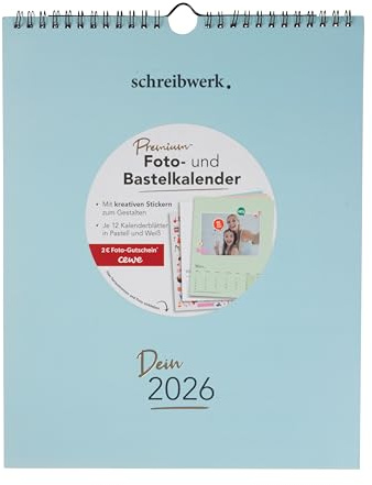 schreibwerk Foto- und Bastelkalender 2026, DIY mit Fotofenstern und Stickern zum Selbstgestalten, 24x30 cm, Pastell, Weiß