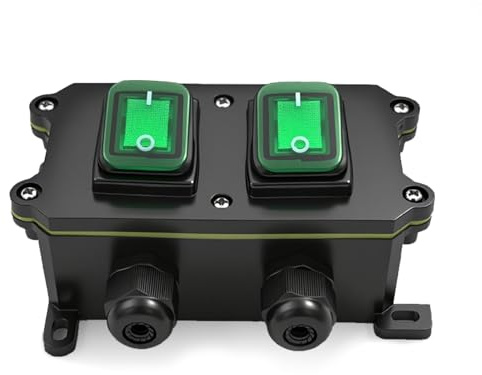 FILN 30A DuraSwitch IP65 Wasserdichte Schaltbox，2x LED Kunststoff-Wippschalter 230V AC DPDT，Einfache Direktverdrahtung für Elektroinstallation in Haus Gewerbe（Grün）