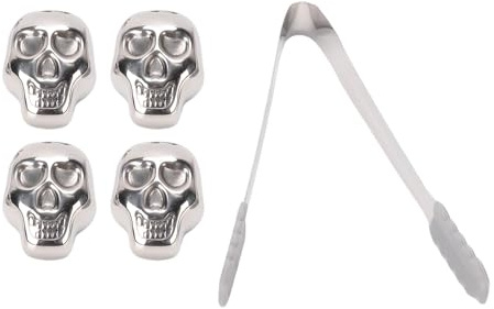 Brrnoo Pierres à Whisky Réutilisables en Forme de Crâne en Acier Inoxydable, pour le Refroidissement des Boissons, Ensemble de 4 pour Bar à Domicile