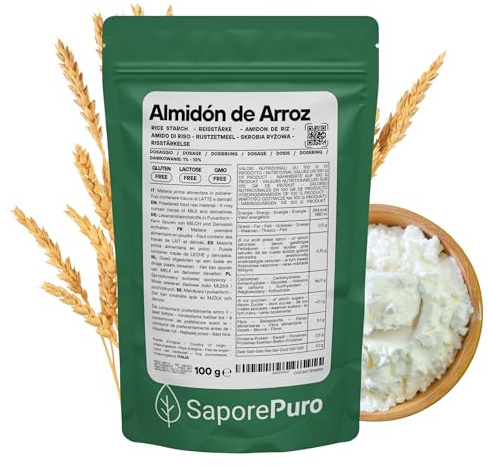 SaporePuro Almidón de Arroz Natural 100 g – 100% Italiano, Sin Gluten, Ideal para Cosmética Natural, Postres y Salsas