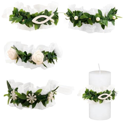 Set di 4 ghirlande per Candele con Diametro di 7 cm, Ideale per Battesimo, Prima Comunione e Matrimoni, in Tessuto di Raso e Perle Sintetiche, con Decorazioni Eleganti e pratiche