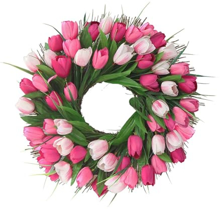 YUEHISY Front Door Wreath, 17 In Fade Resist Artificial Spring Wreath, Realistic Plastic Tulips Flower for Indoor Outdoor Home Use (Pink White)