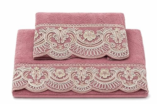 Corredocasa SET Asciugamani 1+1 in Spugna di Puro Cotone, Prodotto in Italia - Set Viso 60x100 e Ospite 40x60 con Pizzo Macramè - Morbidi, Assorbenti e di Alta Qualità - Idea Regalo Bagno (Cipria)