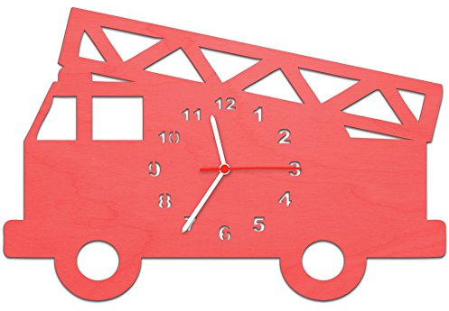 GRAVURZEILE Kinder Wanduhr aus Holz im Feuerwehrauto Design für Mädchen & Jungen Kein Ticken Lautloses Uhrwerk 30 cm Groß in 5 Farben erhältlich Made in Germany Farbe Rot