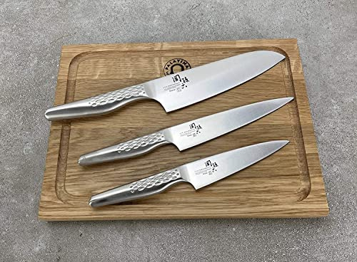 KAI Shun Messer Angebotsset - Seki Magoroku Shoso - 1 Santokumesser & 2 Allzweckmesser - ultrascharfes japanisches Messerset + 100% handgefertigtes Schneidebrett Unikat
