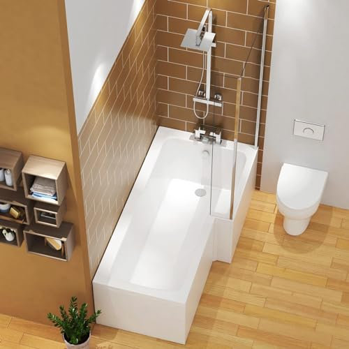Qubix 1600 x 850mm Right Hand L-Shaped Shower Bath Bathtub with MDF Front Panel + Glass Shower Screen