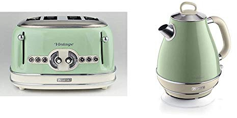 Ariete 156/04-green Vintage 4-Schlitz-Toaster, lackiertes Edelstahl, Grün & 2869 Vintage Wasserkocher, 2000, lackiertes Edelstahl, 1.7 liters, grün