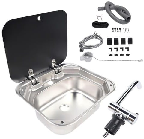 15x17 In Undermount RV Bar Kitchen Sink Workstation with Folding Faucet A and lid, 304 Stainless Steel Single Bowl Hand Wash Basin Drop in Sink Caravan Camper Van Boat Home Mobile Trailer
