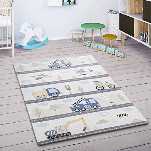 Paco Home Spielmatte Teppich Kinderzimmer Kinderteppich Junge Mädchen Spielteppich rutschfest Modern Berge Wolken Creme Blau Grau, Grösse:155x230 cm