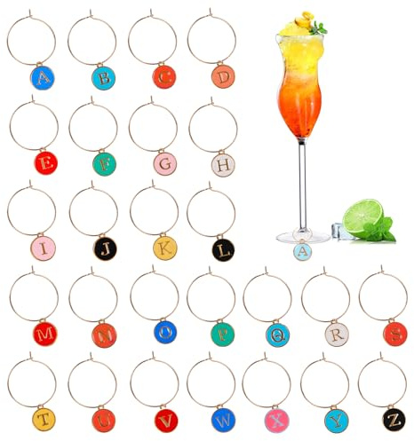 MOSNLEILA Wine Glass Charms - Stem Glass Markers & Identifiers - Funny Drink Name Tags for Christmas and Party Decorations - Colorful Letters Themed Set of 26