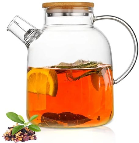 Teiera in vetro borosilicato, adatta per piano cottura e microonde, bollitore in vetro borosilicato con colino, teiera in vetro con coperchio in legno, tè sfuso e tè alla frutta e tè profumato, 1800