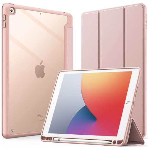JETech Fodral för iPad 10,2 Tum (9:e/8:e/7:e Generationen, 2021/2020/2019) Med Pennhållare, Klar Transparent Tillbaka Skal Smal Stand Stötskyddad Tablett Case (Rosa Guld)