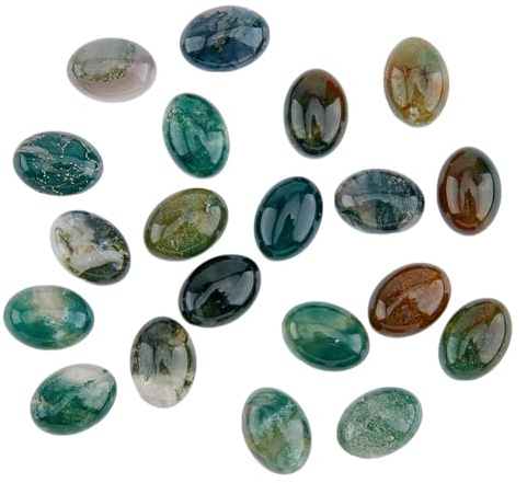 HOBBIESAY 20 Stück Natürliche Moosachat Cabochons Chakra Steine Mit Flacher Rückseite Ovaler Quarz Chakra Stein 14x10mm Kristalle Edelstein Cabochons Zur Schmuckherstellung