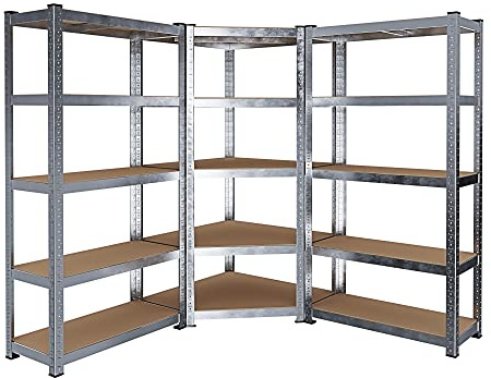 Bricozone Sistema Di 3 Scaffali Metallo e MDF 2 Scaffali Per Magazzino Scaffale Angolare Alta Portata 15 Ripiani Totali Regolabili da 2625 kg Modulare Scaffalatura Capannone Officina Garage Cantina
