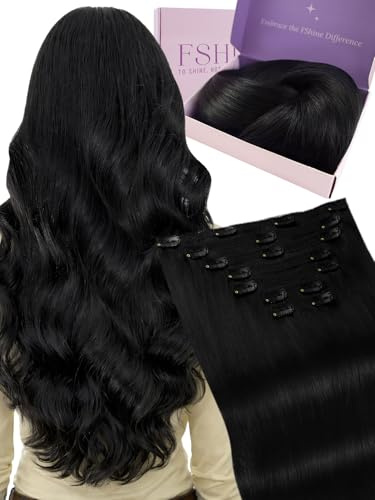 Fshine Clip Extensions Echthaar Natürlich Schwarz 50cm 120g Haarextension | Clip in Extensions, Schnell einsetzbar, ohne zusätzliche Werkzeuge, Anfängerfreundlich, natürliche Haarintegration
