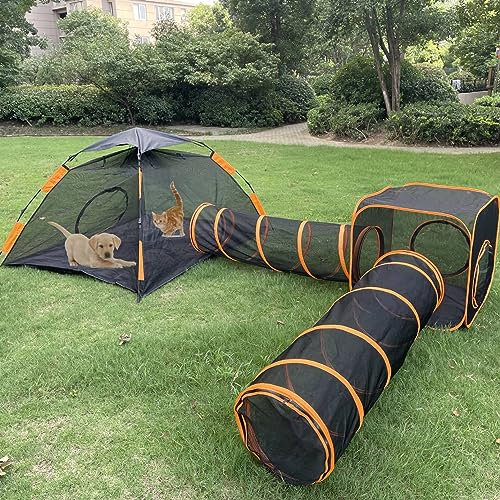 Fhiny Outdoor Katzengehege, 4-in-1-Katzenzelt mit Tunnel für Haustiere im Freien, DIY auf mehrere Arten, Netz, Kätzchen, Laufstall, zusammenklappbar, zusammengesetzt, Haustier-Spielhaus für draußen,