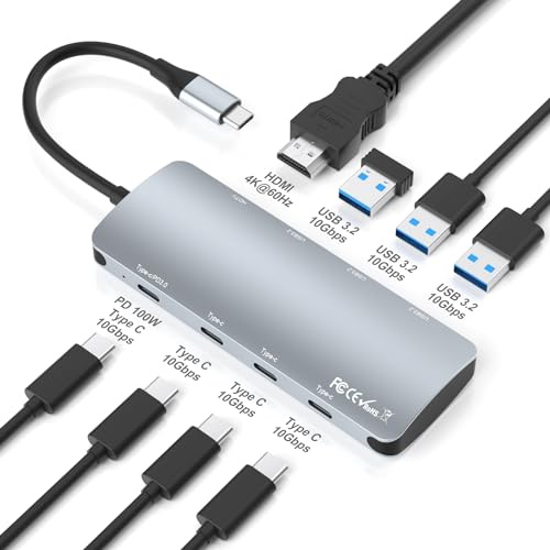 8-i-1 USB C-hubb, 10 Gbit/s USB C-multiportadapter med 4K HDMI, 3 USB-C 3.2 Gen 2, 3 USB-A 3.2, 100 W strömförsörjning, USB C-hubb kompatibel med MacBook Pro/Air, Chromebook och andra datorer