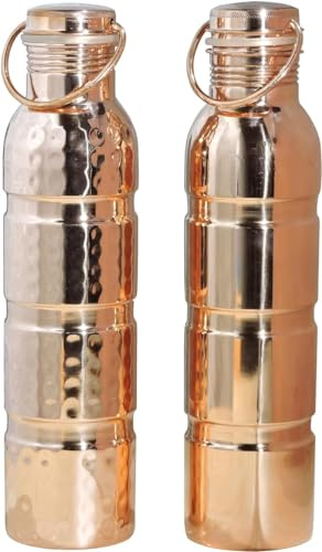 ANCIENTIMPEX Gourdes en cuivre pur avec poignée | Lot de 2 | 1000 ml (33,81 oz) chacune | Gourdes en cuivre ayurvédiques sans joint et anti-fuites pour les bienfaits pour la santé et l'hydratation