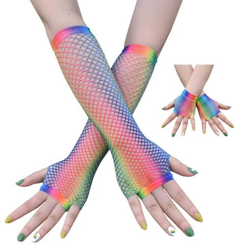 Sihaby 2 Paar Regenbogen Netzhandschuhe,Fingerlose 80er Party Handschuhe kurz und lang aus Netz,Neon Halloween Kostüm Handschuhe für Frauen und Mädchen