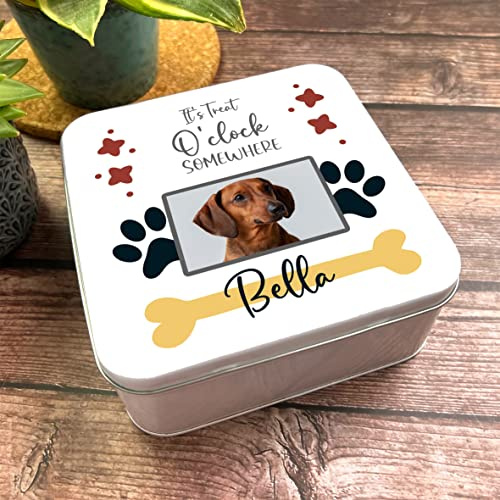 Fingerprint Designs Square Dog It's Treat O'clock Somewhere Photo Personalised Treat Tin | Personalised Gift | Custom Gift | Tin | Storage Container|Tin