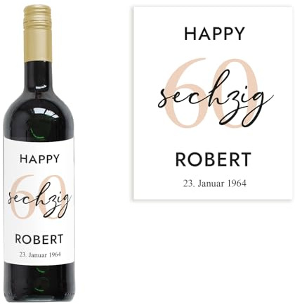 Mimi und Anton 60 Geburtstag Geschenk | Personalisiertes Flaschenetikett | Weinetikett 60 | Größe 10x12 cm | Weinlabel Happy Birthday mit Geburtstagszahl (Beige), Namen & Datum