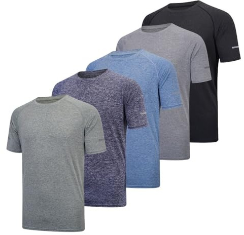 fovdtaa Paquete de 5 camisetas atléticas transpirables de manga corta y cuello redondo para hombre, para gimnasio, entrenamiento y correr, L