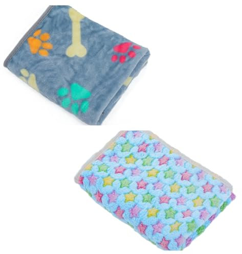 Hochwertige Haustierdecke, flauschige Fleece-Decke mit Pfoten, Knochen, Sternen, Hundedecken für Katzen, Welpen, waschbar, sehr weich, warm, Kätzchen, Schlafdecke, Überwurf/Steppdecke, 2 Stück, Blau,