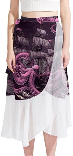 Cover Up Skirt, Women Beach Sarong, Sheer Bikini Wraps, Octopus Sailboat Nautical Painting Art