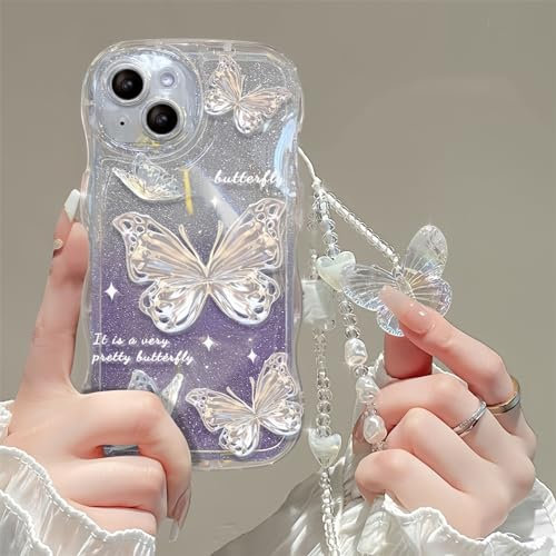 Emlivi Mobile Phone Case for iPhone Xr With Beads Bracelet, Butterfly Flowers Aesthetic Silicone Protective Cover, Glitter Crystal Cute Design for Women Girls, Purple