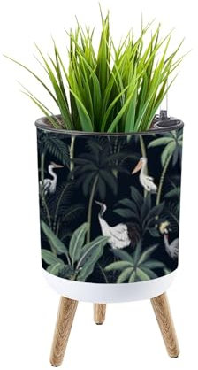 Pot de fleurs tropical vintage de 35,6 cm avec pieds en bois massif - Pot de fleurs décoratif avec capteur de niveau d'eau pour plantes d'intérieur et d'extérieur - Palmiers sombres, oiseaux et fleurs