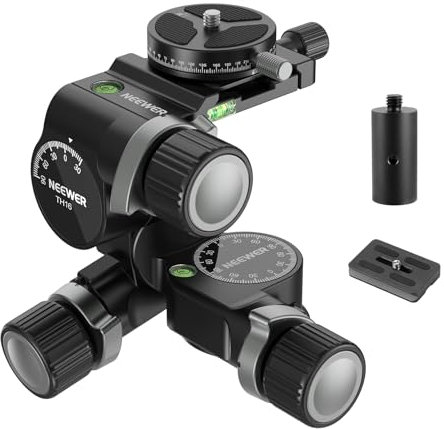 NEEWER 3 Way Geared Tripod Head with 360° Pan Arca Type QR Plate, Millimeter Micro Adjustment, Aluminum Alloy 3 Axis Pan Tilt Head with Quick Switch Large & Fine Dual Modes, Max Load 13.2lb/6kg, TH16