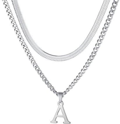 Buchstaben Halskette Herren, Edelstahl Silber kubanische Kette verstellbare Schlange Kette mit A-Z Letter Anhänger Geschichtet Halskette für Männer Papa Freund Geburtstag Vatertag Weihnachtsgesc (A)
