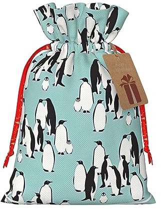 HJLUUFT Jutebeutel mit niedlichem Pinguin-Druck, Weihnachtsgeschenktasche mit Kordelzug und Geschenkanhänger, für Hochzeit, Weihnachten, Party