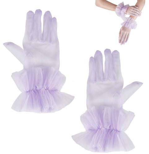 AHANDMAKER Guanti corti da sposa in tulle con volant da donna guanti corti da tè da donna guanti in rete guanti da sera formali per forniture in costume, Lilla, 283x155x48mm
