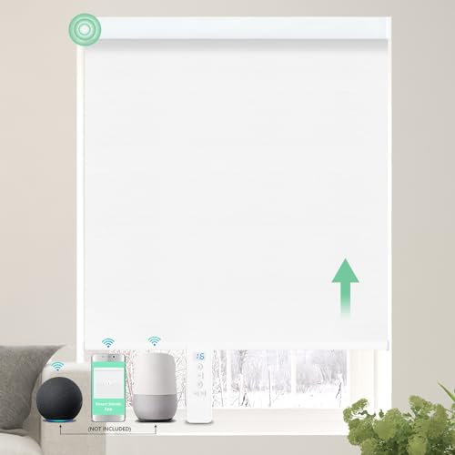 MING CHEN Motorized Blackout Roller Shade Blinds with Remote Control Protection Privacy Rechargeable Smart Automatic Window Shades Compatible with Alexa, Google (29 W x 72 H, Fabric White)