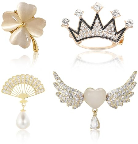 BSITSSS 4 Piezas Broches Elegantes Broches Ropa, Únicos Abanicos, Perlas y Flores de Corona para Mujeres Sombrero Vestido Camisa