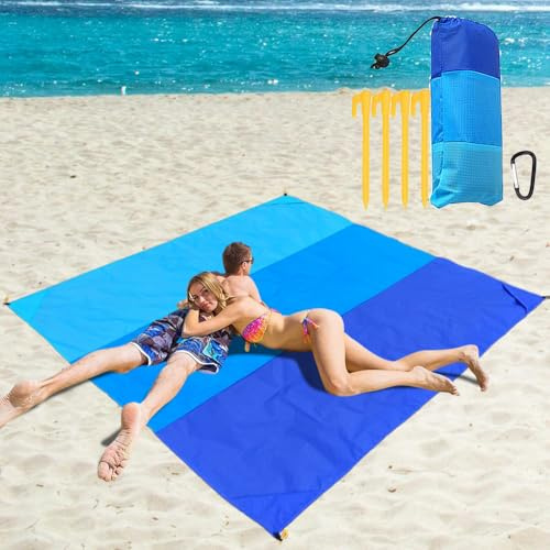 Bmeigo Beach Blanket 200x210cm with Pegs Storage Bag Extra Large Waterproof | Beach Mat with Sandbags Design Sandproof Windproof for Beach, Park, Camping, Picnics, Hiking (Blue Tri-Colour)