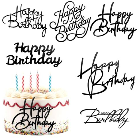 6 Pcs Happy Birthday Cake Topper Acrylic Happy Birthday Side Cake SignBlack Inserts Decoratin Decor CupCake Tools DIY CupCake Sign Toppers Party Supplies