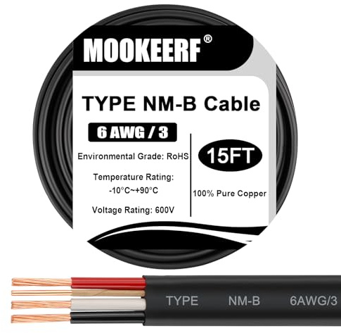 6/3 Wire with Ground - 15FT NM-B 6 Gauge Non-Metallic Sheathed Cable 100% Pure Copper 6 AWG 3 Conductor Residential Indoor Wire for Outlets, Switches, Other Loads and Lighting Wiring Projects etc.