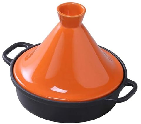 JHDDIA 2L Tajine Pot Moroccan for 3-4 People Cast Iron Tagine Ceramic Lid for Open Flame Induction Tangine Double Handles for Hotels(Orange)