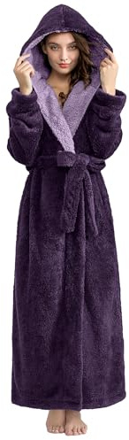 PUTUO Bademantel Damen Lang mit Kapuze: Flauschig Morgenmantel aus dicker Microfaser Fleece für Frauen – Kuscheliger Plüsch Warm Saunamantel für Winter Lila M